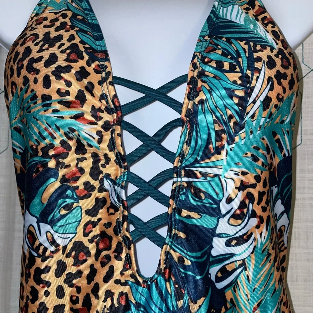 Tropical Leopard Lace Up Halter One Piece Swimsuit (XL) - Picture 6 of 10